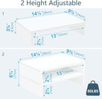 TEAMIX White Monitor Stand Riser - 2 Pack, Wood 2 Tier Adjustable Dual Monitor Riser for Laptop/PC Computer Stand for Desk