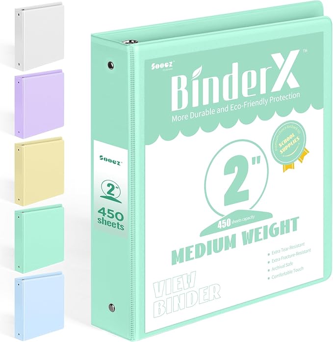 BinderX Extra Durable 3 Ring Binder, Round Ring 2 Inch Binders, Fits 450 Sheets of 8.5x11 Paper, Customizable View Cover with Inside Pockets, Cute 2" Binder, School Supplies for Girls, Green