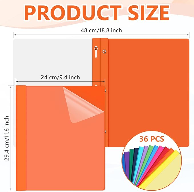 Feifeiya 36 Pack Plastic Report Covers with 3 Prongs Presentation Folders Bulk, 100 Sheet Capacity, Clear Front Report Covers for Presentation Document Paper School Office Supplies (Colorful)