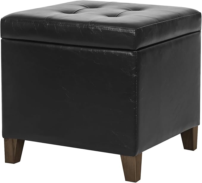 Adeco Black Faux Leather Storage Ottoman Bench with Solid Wood Legs, 18.8" Square Black PU Cube Foot Stool, Upholstered Button Tufted Vanity Chair with Hinged Lid for Living Room, Bedroom, Dorm