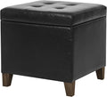 Adeco Black Faux Leather Storage Ottoman Bench with Solid Wood Legs, 18.8" Square Black PU Cube Foot Stool, Upholstered Button Tufted Vanity Chair with Hinged Lid for Living Room, Bedroom, Dorm