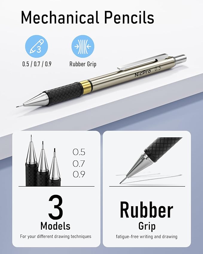 Nicpro Gold Art Mechanical Pencil Set, Metal Drafting Pencil 0.5, 0.7, 0.9mm & 2mm Lead Holder(2B HB 2H) For Sketching Drawing With Lead Refills Case