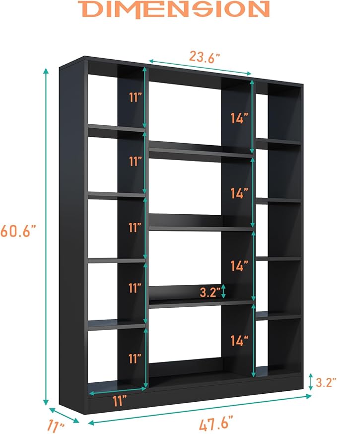 OSCHF Cube Storage Bookcase with Base - Large Wooden Bookshelf with 10 Open Cubes and 4 Shelves for Home and Office, Freestanding Organizer, Black