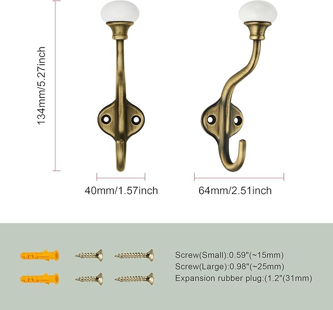 TUNNY Coat Hooks - 5 Pack Brushed Antique Brass Towel Hooks Robe Hooks Decorative Wall Hooks for Bathroom Bedroom Kitchen Towel Robe Clothes Cabinet Closet Bathroom Hardware