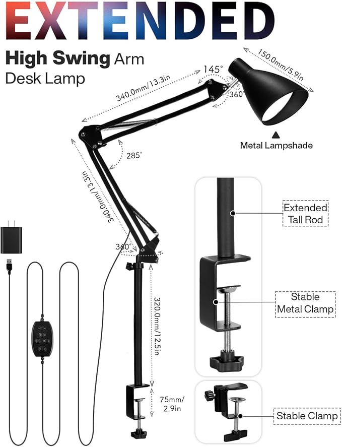 LED Desk Lamp for Home Office, Extra Tall Metal Swing Arm Architect Desk Lamp with Clamp, 5 Color Modes 10 Brightness Task Lamps, Adjustable Gooseneck Clip-on Table Light for Reading Home Work Study