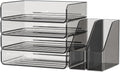 FANXIYQ Acrylic Paper Organizer with Movable Bookends, 4-Tier Stackable Paper Tray for Desk, Brown Clear File & Letter Tray Organizer Office