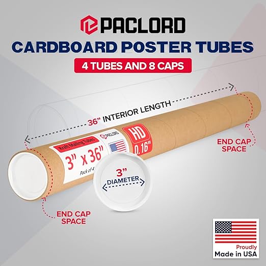 Paclord 3" x 36" Heavy-Duty Reinforced Cardboard Mailing Tube, Pack of 4 Tubes with 8 Caps – Secure USPS Approved – Great for Shipping and Storing of Prints, Artwork, Posters or Documents