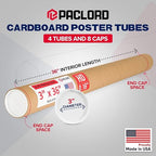 Paclord 3" x 36" Heavy-Duty Reinforced Cardboard Mailing Tube, Pack of 4 Tubes with 8 Caps – Secure USPS Approved – Great for Shipping and Storing of Prints, Artwork, Posters or Documents