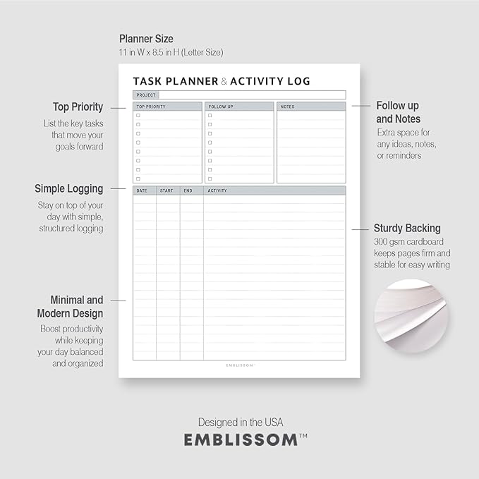 Task Planner & Tracker 8.5 x 11 Tear-Off 70 Sheet Planner Pad – Project Organizer with Time Log, Top Priority, Follow-Up – Notepad for Home & Office (White, Classic, 2 Pack)