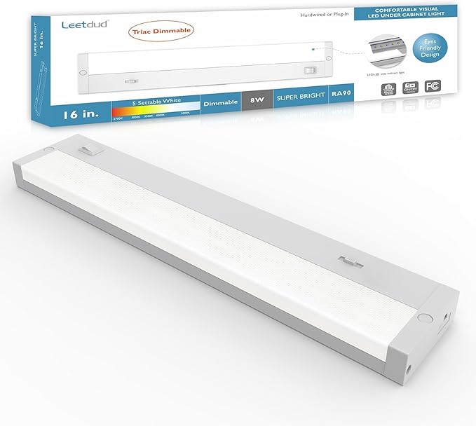 Leetdud LED Under Cabinet Lighting Hardwired or Plug in, 16 Inch 8W, Dimmable 5 Color 2700K/3000K/3500K/4000K/5000K, Linkable Eyes Care Design Counter Lights for Kitchen, Sink, ETL Listed, White