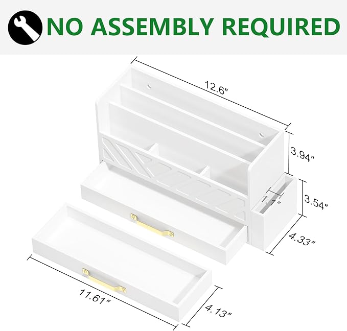 WISUCART Bamboo Desk Organizer Mail Holder Countertop Wood Desk Drawer Tabletop Storage Box Pen Holder Letter Sorter Makeup Organizer for School Home Office Supplies with Pen Holder White