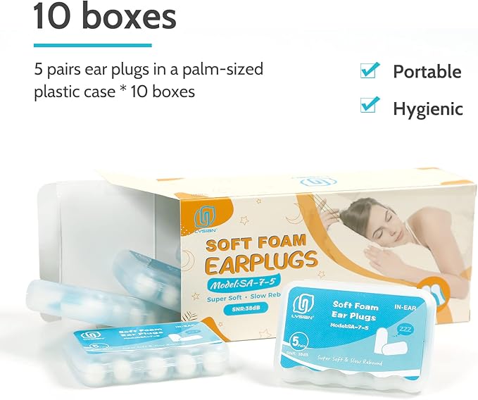 LYSIAN Ultra Soft Foam Ear Plugs for Sleeping Noise Cancelling -10 Box Value Pack - 38dB Noise Reduction Earplug for Sleep,Snoring, Work, Plane Loud Noise, Sky White Blue