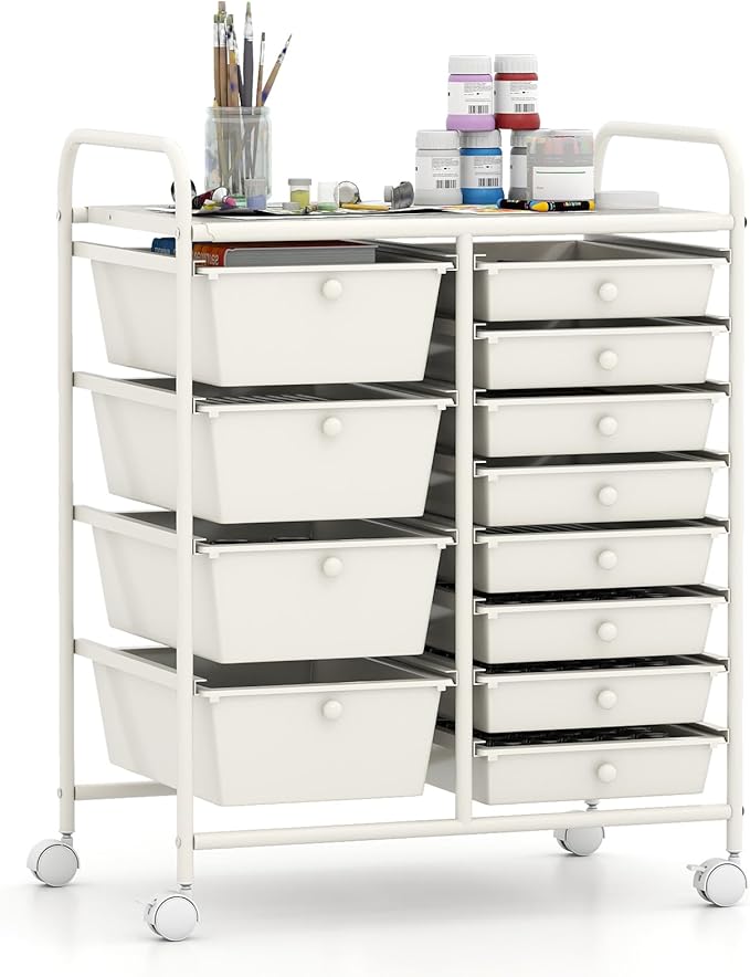 Giantex 12 Drawer Rolling Cart with Drawers, Storage Organizer Cart for Classroom Office School Teacher, Mobile Drawer Cart for Tools, Crafts, Small Printer, Ivory