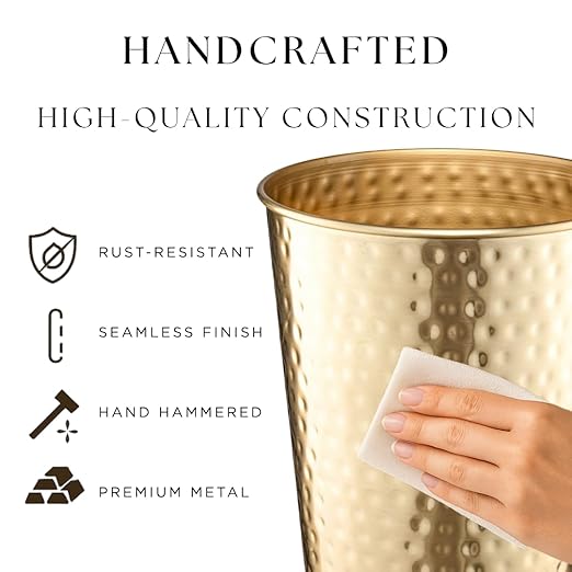 Monarch Abode Metal Bathroom Trash Can – Waste Basket for Bedroom, Office Desk, & Dorm, Hand Hammered, Durable Decorative Brushed Gold Small Trash Can Bathroom Garbage Bin Wastebasket