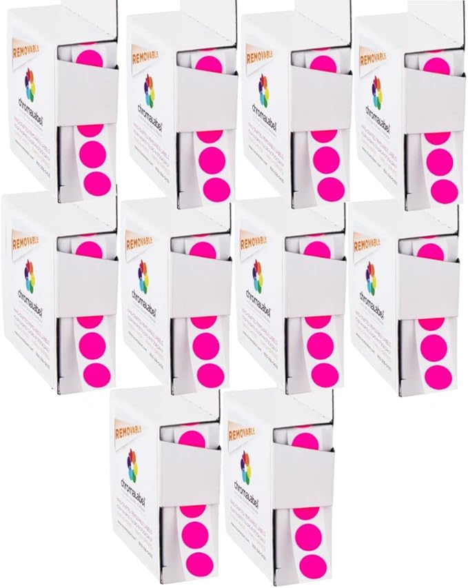 ChromaLabel 1/2 Inch Round Colored Stickers, Matte Finish Fluorescent Pink Dot Stickers for Color Coding, Easy to Write On Adhesive Dots - 1000 per Dispenser Box - Case of 10