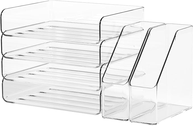 FANXIYQ 4-Tier Clear Acrylic Paper Tray Organizer for Desk with 2 Matching Bookends – Stackable Letter Tray Set, Stackable Paper Trays, Acrylic Desk Accessories/File Organizer, Office Organizer