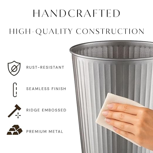 Monarch Abode Metal Bathroom Trash Can – Waste Basket for Bedroom, Office Desk, & Dorm, Handcrafted Ridge Embossed, Durable Decorative Pewter Small Trash Can Bathroom Garbage Bin Wastebasket