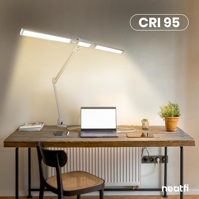 Neatfi LED Desk Lamp, Dimmable Desk Light with 360 SMD LEDs, 30W, CRI 95, Adjustable Color Temperature, Task Lamp for Home, Office, and Workbench (CCT, Silver, 41 Inches)