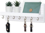 Lwenki Decorative Key Holder for Wall with Shelf, Entryway Shelf with Hooks Holds Leashes, Jackets and Glasses – Sturdy Wood Keyholder Entrance Hanger with Mounting Hardware (White, Large)