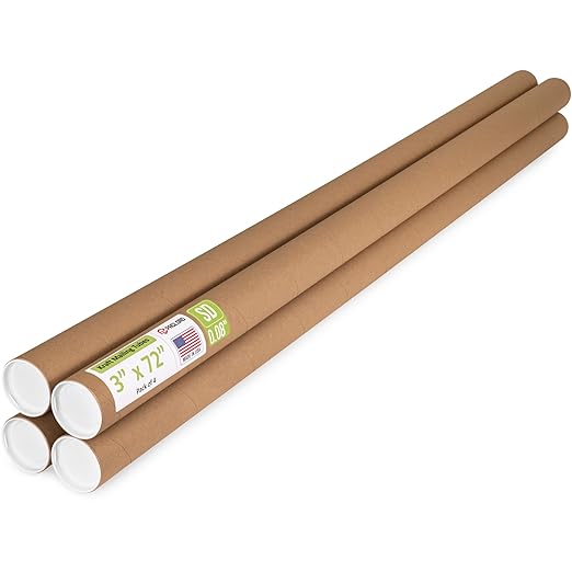 Paclord 3" x 72" Reinforced Kraft Paper Mailing Tube, Pack of 4 Tubes with 8 Caps – Secure USPS Approved Poster Tube – Cardboard Tube for Shipping and Storing Posters, Prints, Artwork, or Documents