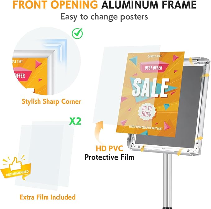 RedChili Adjustable Sign Holder Stand for 8.5x11 Inch Poster, Floor Standing Sign Holder With Snap-Open Aluminum Frame 360° Rotating Display Outdoor Indoor Signage Stand for Advertising (Silver, Sharp Corner)