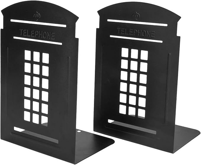 MerryNine 2 Pack Book Ends, Metal Bookends for Shelves, Telephone Booth Decorative Bookends, Non Skid Heavy Bookends, Book, Magazine or CD Organizers for Home and Office (Black-2pcs)