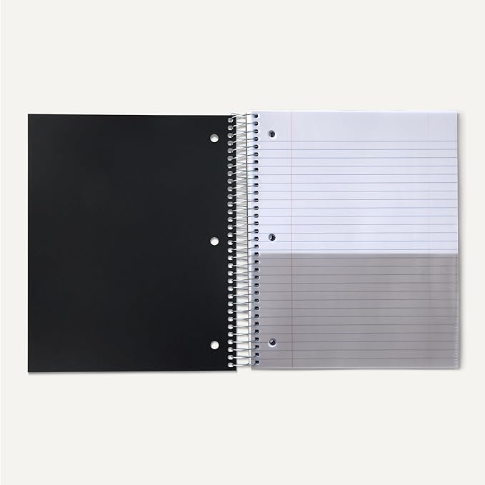 Amazon Basics Notebooks, Wide Ruled Spiral 5 Subject Notebook, For Work and School, 200 Sheets, 8.5 x 10.5 inches, Black, 1-Pack