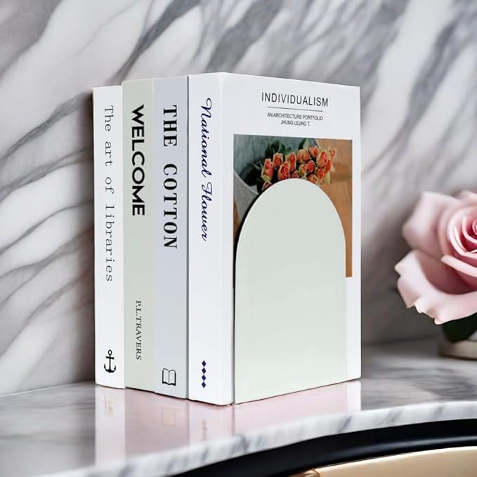 Lulonpon 8 Pieces Book Ends, Bookends, Books Stand, Metal Bookend for Shelves, White Book Ends for School, Library, Desktop Organizer