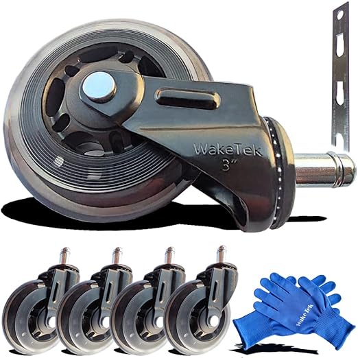WakeTek Premium Office Chair Wheels Replacement with Removal Tool, These Flexible and Durable Desk Chair Casters're Helpful for Working, Learning and Gaming(3 Inch, 7/16 Inch(11mm), 5pcs)
