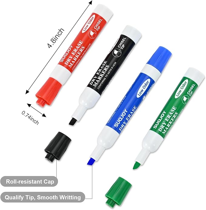 SUQJOY Dry Erase Markers, Chisel Tip Whiteboard Marker, Low Odor Thick Dry Markers, 12 Count 4 Assorted Color Markers for Kids/Teachers