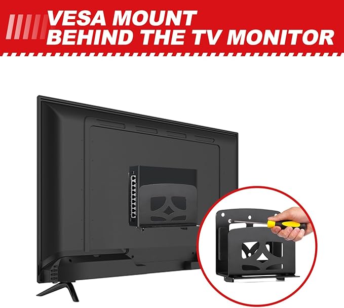 Adjustable Small Device Metal Holder, Wall Mount or VESA Mount Behind TV/Monitor for Cable Box, Modem, Router, Media Player, Switch, WII, mini PC, Mac Mini, OptiPlex MFF, Space Saving Design, Black