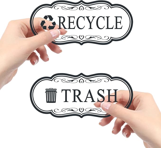 ASAVI Trash & Recycle Stickers – 2-Pack Self-Adhesive Vinyl Labels, Waterproof & Durable (Transparent Background with Black Text, Medium 6.3 x 2.7 inches)