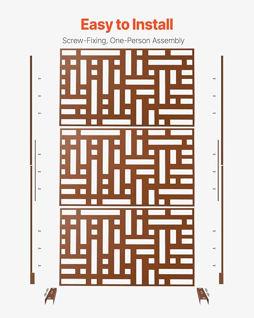 VEVOR Metal Privacy Screen, 47" W x 76" H, Outdoor Privacy Screens 3-Panel, Freestanding Outdoor Divider with Stand, Decorative Garden Steel Privacy Fence for Balcony Patio Indoor Room Hot Tub Brown