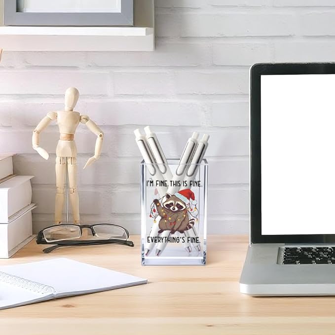 Vgrti I'm Fine This Is Fine Acrylic Cosmetic Pencil Pen Holder Cup, Funny Raccoon Christmas Pen Holder Cup, Raccoon Lover Gifts for Women Men, Office Sarcastic Gifts for Women Men Colleague Boss