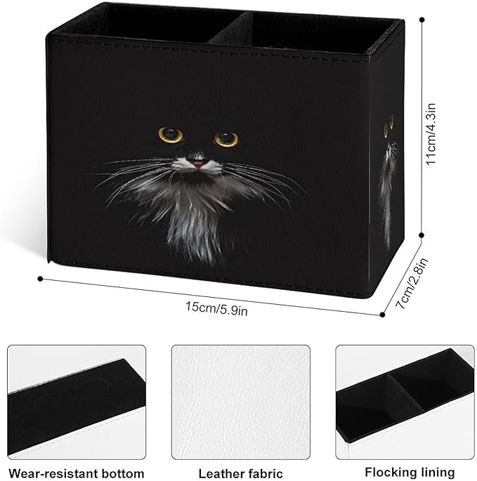 Famame 3D Cute Black Cat Pencil Holder for Desk, Leather Desktop Container Pen Cup Storage Study Table Pen Organizer Makeup Brush Holder for Classroom Office Home