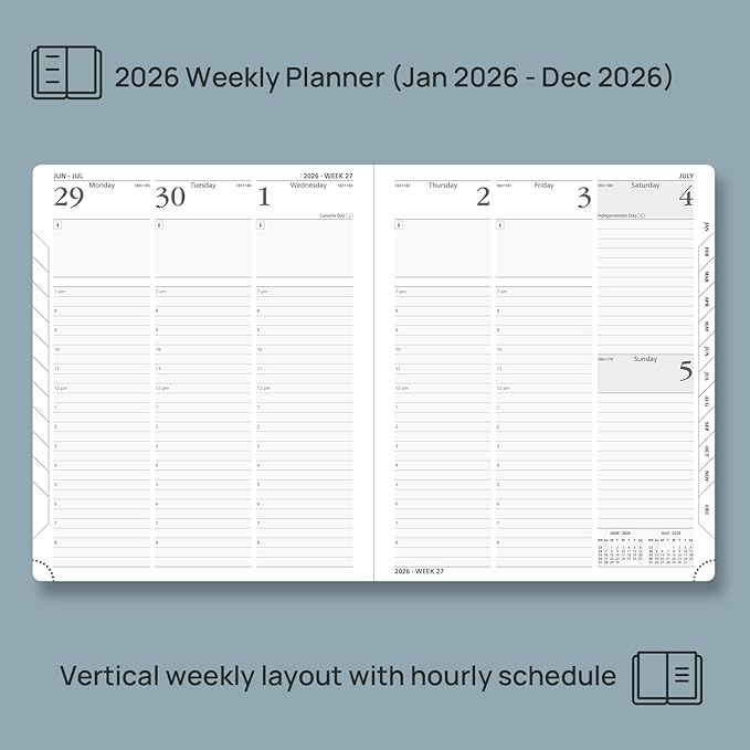 POPRUN 2026 Planner (Large - 8.5'' x 10.5'') - 2026 Weekly Calendar (Jan. 2026 - Dec. 2026) with Hourly Time Slots, Weekly/Monthly Appointment Book for Time Management - Leather Soft Cover - Brown