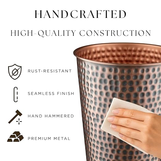 Monarch Abode Metal Bathroom Trash Can – Waste Basket for Bedroom, Office Desk, & Dorm, Hand Hammered, Durable Decorative Antique Copper Small Trash Can Bathroom Garbage Bin Wastebasket