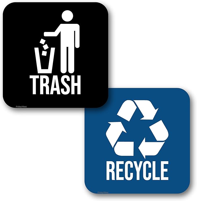 Recycle and Trash Magnets for Kitchen Trash Cans and Recycling Bins, Indoor Trash and Recycle Magnet Combo for Garbage Can Logo Symbol, 2 Magnetic Sticker Adhesives, 5.5 Inch Square, Waste Bin (Blue)