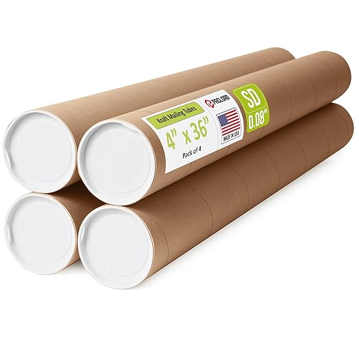 4" x 36" Reinforced Kraft Paper Mailing Tubes, Pack of 4 Tubes with 2 Caps Each – USPS Approved Poster Tube – Made in USA Cardboard Tube for Shipping and Storing Posters, Prints, Artwork, or Documents