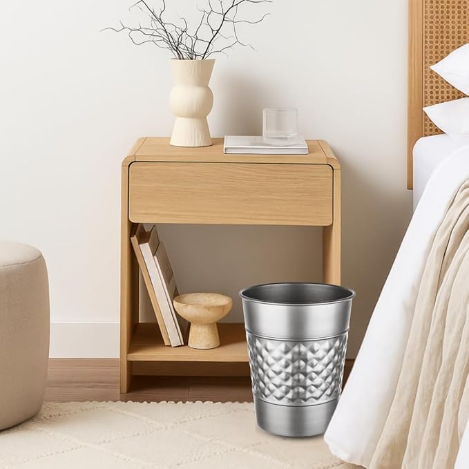 Monarch Abode Metal Bathroom Trash Can – Waste Basket for Bedroom, Office Desk, & Dorm, Handcrafted Geo Embossed, Durable Decorative Pewter Small Trash Can Bathroom Garbage Bin Wastebasket