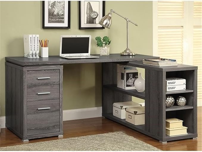 Pemberly Row L Shape Corner Storage Desk in Weathered Gray, Letter/Legal File, 5 Bookshelves