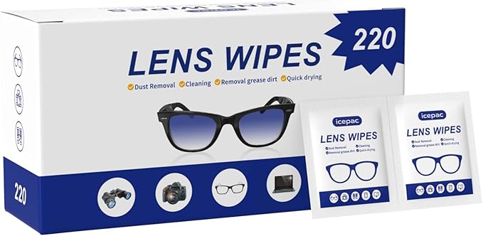 220 Lens Cleaning Wipes for Eyeglasses - Pre-moistened, Individually Wrapped | Scratch-Free, Streak-Free for Sunglasses, Camera Lenses, Phone Screens | Ideal for Home, Travel & Office