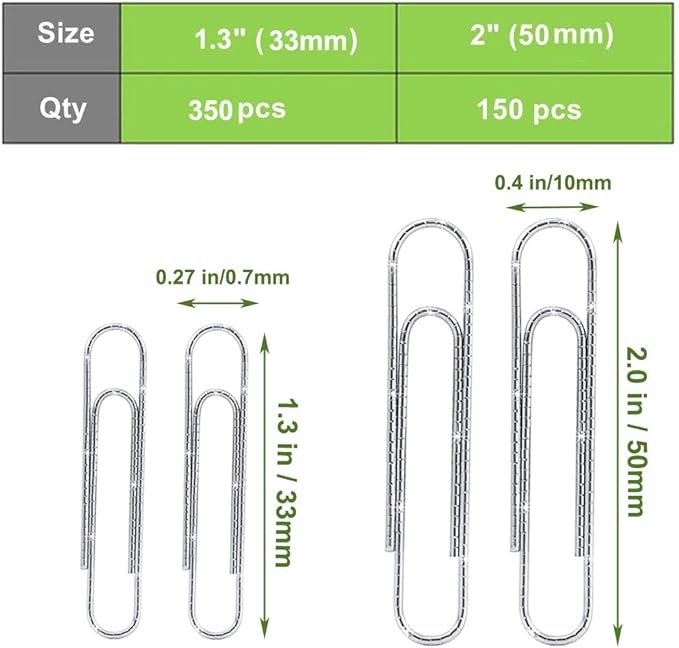 Vinaco Paper Clips Non Skid, 500PCS Medium and Jumbo Paper Clips (1.3 inch & 2.0 inch), Durable & Rustproof, Coated Paperclip Great for Office School and Personal Use