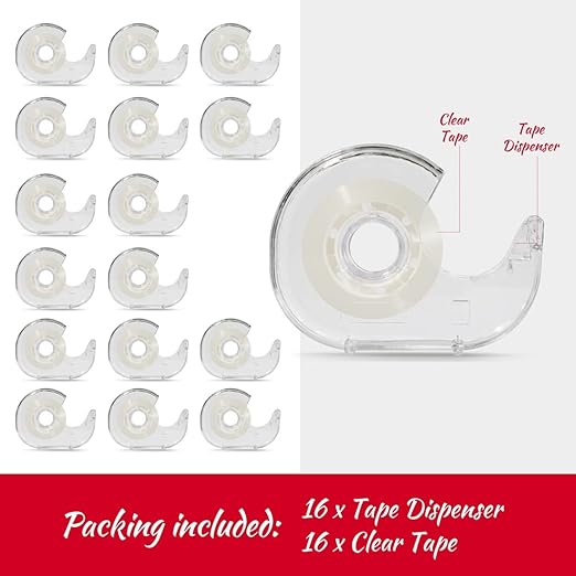 Clear Tape, Transparent, Gift Wrapping Tape for Home Store School Office Supplies 7/10 X 1000 Inches 16 Rolls with Dispensers