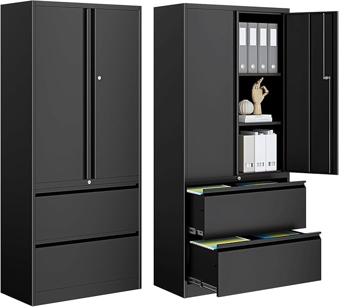 PEUKC 2-Drawer Metal File Cabinet, Lateral Vertical Filing Cabinets for Home Office, Locking File Cabinet with Storage Shelves, Legal/Letter/A4 Size Office File Cabinets (Black, Assemble Required)