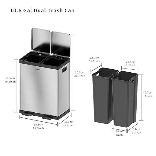 SolaceCove Kitchen Trash Can, 2 x 5.3 Gallon Garbage Can for Kitchen, Dual Compartment Recycling Trash Can, Trash and Recycle Bin Combo, Stainless Steel, Soft-Close Lid, Fingerprint Proof