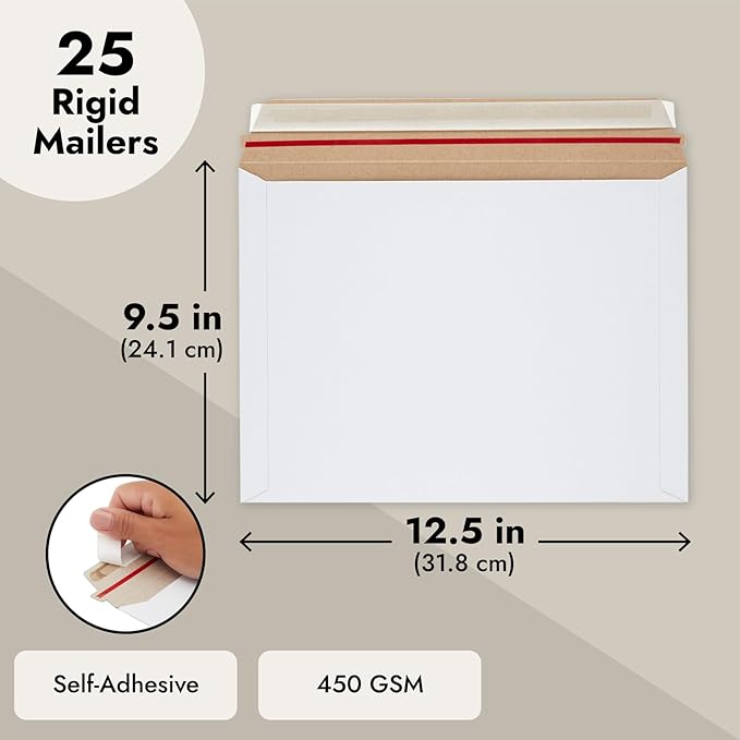 Juvale Mailing Envelopes - 9.5 x 12.5 in, White, 25-Pack - Rigid Flat Mailers with Peel & Seal Closure - Photo & Document Mailers - Cardboard Envelopes for Comic Book Shippers