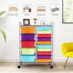 LDAILY 15 Drawer Rolling Storage Cart, Rolling Cart with Drawers for Classroom, Art Supply Craft Organizer on Wheel with Metal Frame & Handles for Home Office School