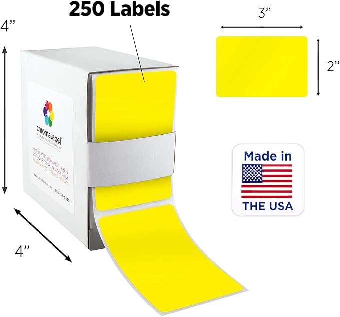 ChromaLabel 2 x 3 inch Permanent Color Code Rectangle Labels, 250 Labels per Dispenser Box, Yellow