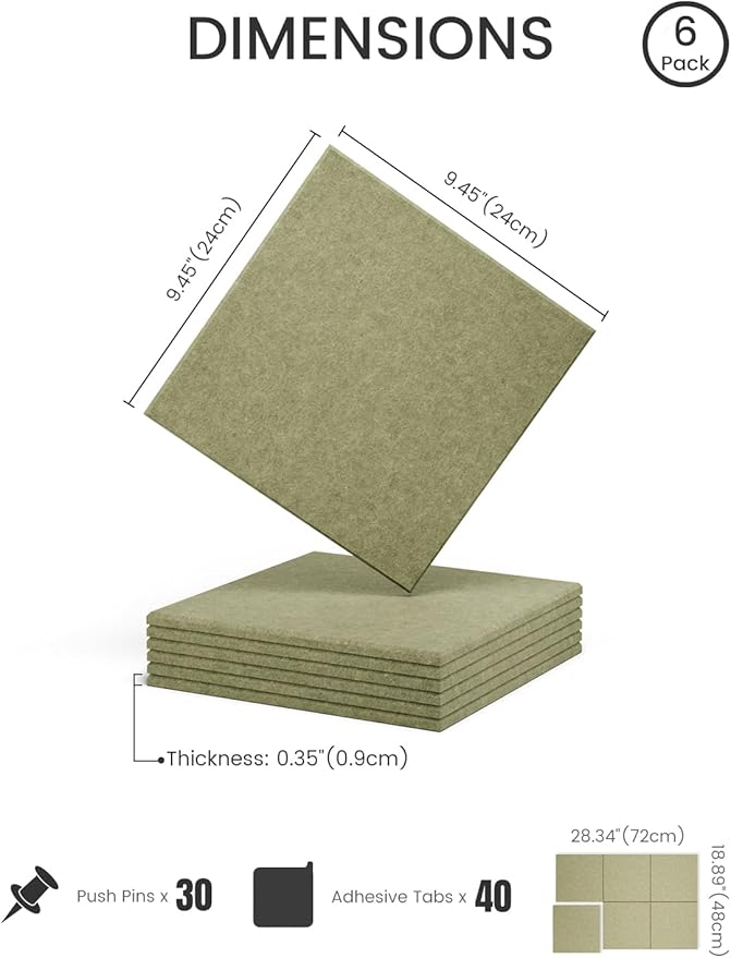 Fluxynara Felt Bulletin Board Tiles -28"x18" Cork Board Alternative for Office Decor, Push Pin Board Wall Organizer 6-Pack -Olive Green